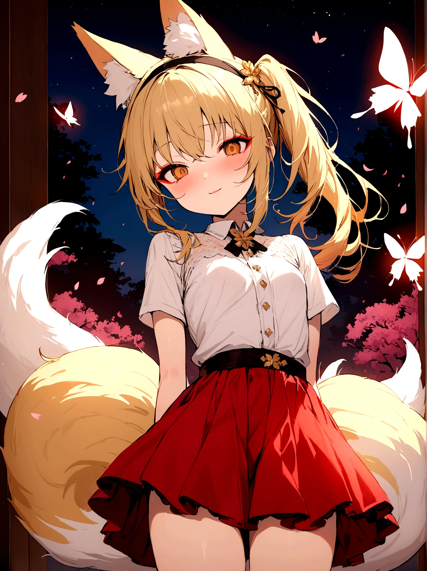 (masterpiece, best quality) junior,detailed, (beautiful,small breasts), blonde,long hair, side ponytail(tied to the right),Hair band decoration with gold butterfly, elegant, (fox ears),nine tailed fox tail, red eyeshadow, golden eyes, femur,white shirt,free,red skirt,cherry blossom tree lake background,girl,NIGHT,yandere face