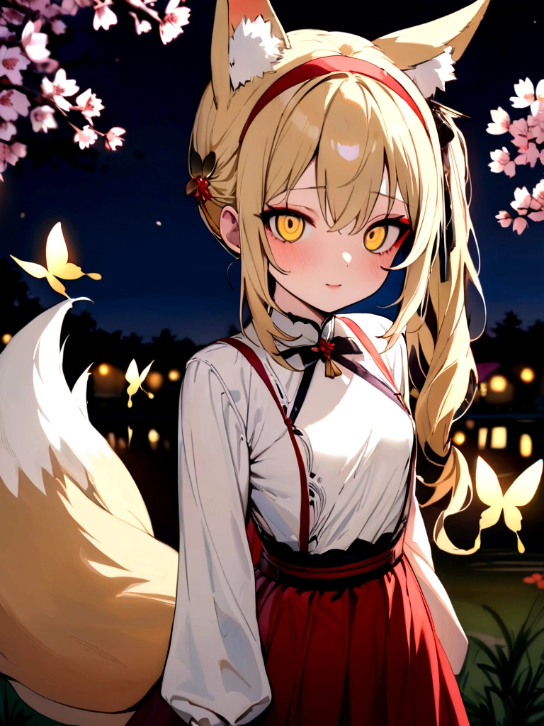 (masterpiece, best quality) junior,detailed, (beautiful,small breasts), blonde,long hair, side ponytail(tied to the right),Hair band decoration with gold butterfly, elegant, (fox ears),nine tailed fox tail, red eyeshadow, golden eyes, femur,white shirt,free,red skirt,cherry blossom tree lake background,girl,NIGHT,yandere face