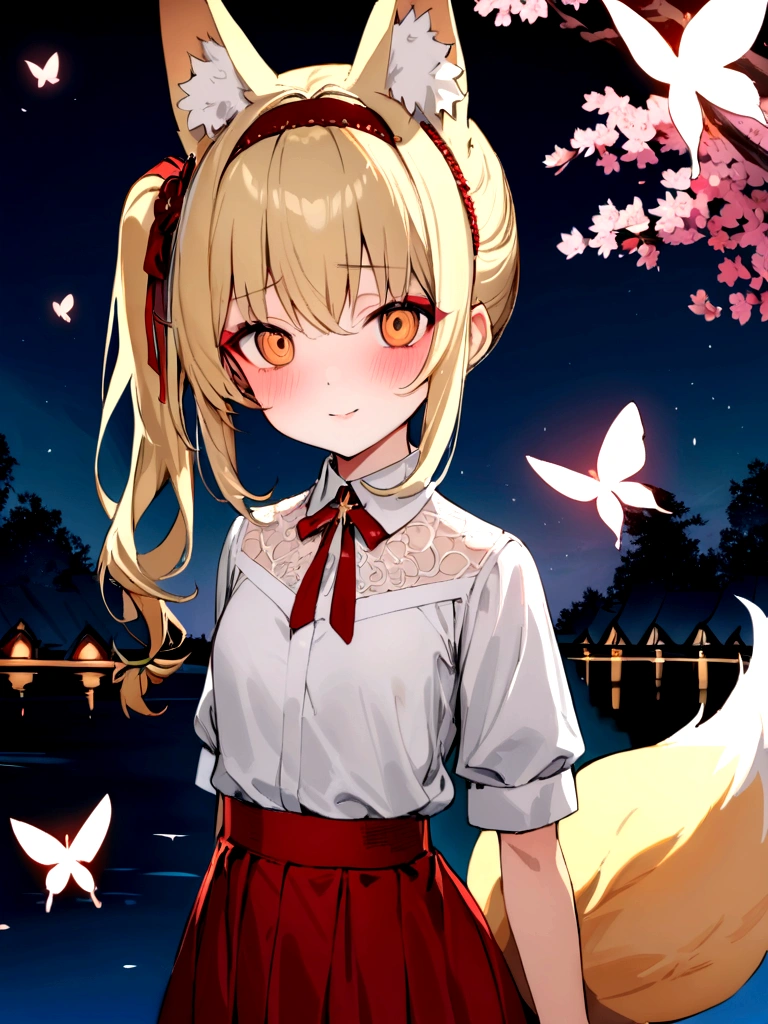 (masterpiece, best quality) junior,detailed, (beautiful,small breasts), blonde,long hair, side ponytail(tied to the right),Hair band decoration with gold butterfly, elegant, (fox ears),nine tailed fox tail, red eyeshadow, golden eyes, femur,white shirt,free,red skirt,cherry blossom tree lake background,girl,NIGHT,yandere face