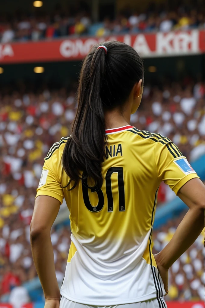 Woman from behind watching the match Colombia shirt number 10 black hair 