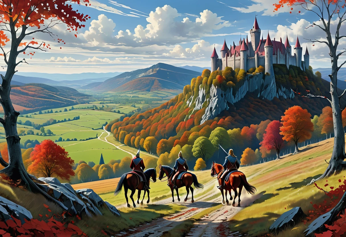 landscape from Middle-earth, in the distance there are ruined castles, elves and people on horseback, a bloody battle, on the horizon the grandfather's mountains and gray forests, the sky in burgundy blue soft stripes, Epic Composition, Comic Book, Yuri Vasnetsov