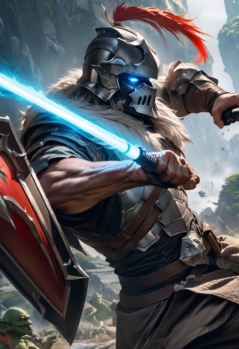 perfect hands, perfect finger,perfect anatomy, masterpiece, best quality,realistic, hyperrealistic, 16k hdr,1 muscular man,,goblin slayer, armor, helmet, blue glowing eye, plume, fur collar, (Lightsabers,shield:1.2),fantasy world,outdoor,fighting pose,dynamic pose,upper body