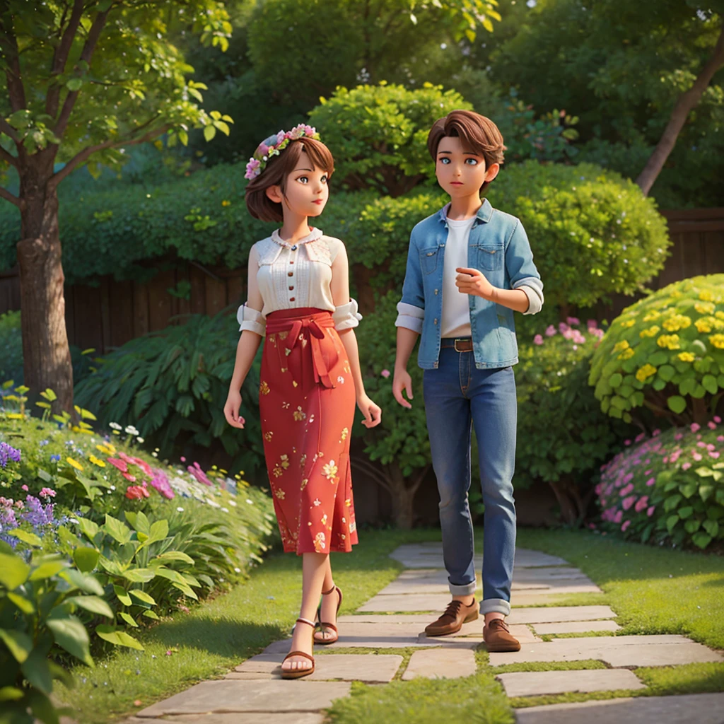 A beautiful girl and a handsome boy in a lush, colorful flower garden, (best quality,4k,8k,highres,masterpiece:1.2),ultra-detailed,(realistic,photorealistic,photo-realistic:1.37),intricate details,cinematic lighting,vibrant colors,romantic atmosphere,boy with striking features,girl with delicate features,warm afternoon sunlight,blooming flowers,winding paths,picturesque landscape,peaceful ambience,nature scenery