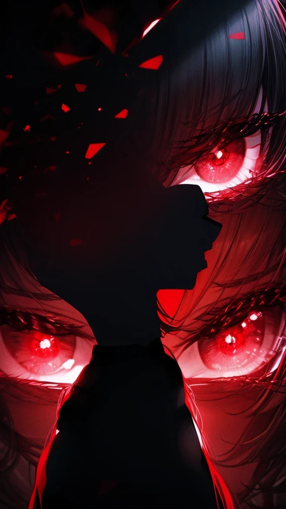 a woman with red eyes stands in front of a window, beautiful eyes are visible on a large monitor screen in the background, A girl in the center, a silhouette of a girl in the center, red lighting, glowing red eyes, a dim room, lighting from screens, monitor panels that depict girls, eyes are visible on monitor panels.