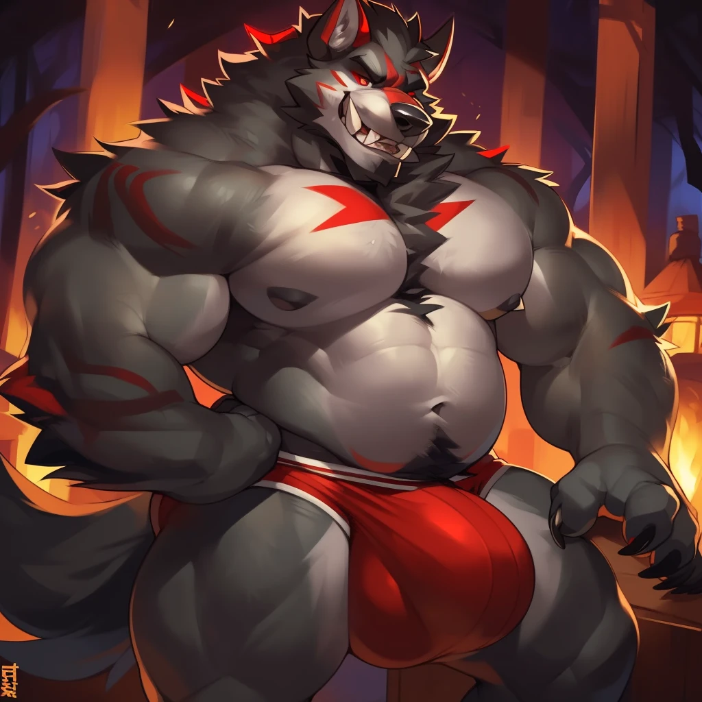 Solo, male (((giant, tall, wolf, werewolf, red eyes, grey body, Muscular, broad shoulders, hyper pecs, huge pecs, huge muscles, abs, muscular arms, muscular thighs, sharp teeth, black chest hair, black nose, tail, fangs, exposed teeth, clawed hands, clawed feet, big tusks, horns, big horns, body marking, red markings, black claws, scruffy cheeks, huge bulge))) forest, night, standing ((male focus, focus wolf, focus teeth)) rubbing stomach, detailed hands, detailed eyes, detailed face, detailed teeth, detailed tusks, detailed arms, detailed abs, detailed bulge, detailed snout, briefs, black briefs, big briefs, accurate tusk placement, perfect anatomy, by darkgem, by mystikfox61, by glitter trap boy