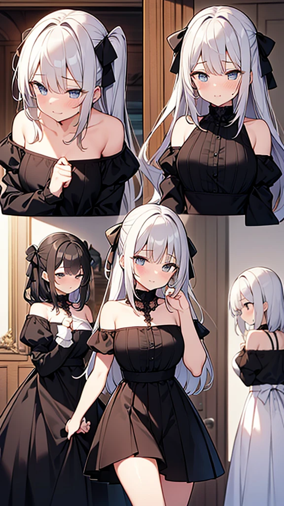 ((masterpiece)), (Highest quality、32k), (Simple style), (Faceless,Face peeling), 2 Girls, The maid and the lady whose face was torn off, Big Breasts, Big Swing Chest, Wearing a face stolen from someone else, Sexy body, Sleeveless, No sleeve, Off the shoulder, Black Dress, Pleated lace, Lace dress, black knee socks. Standing, whole body, both hands touch the face, Luxurious Room, {{The maid who can steal someone's face by putting a mask on them took the young lady's face as a mask.}}, Browsing Caution, NSFW