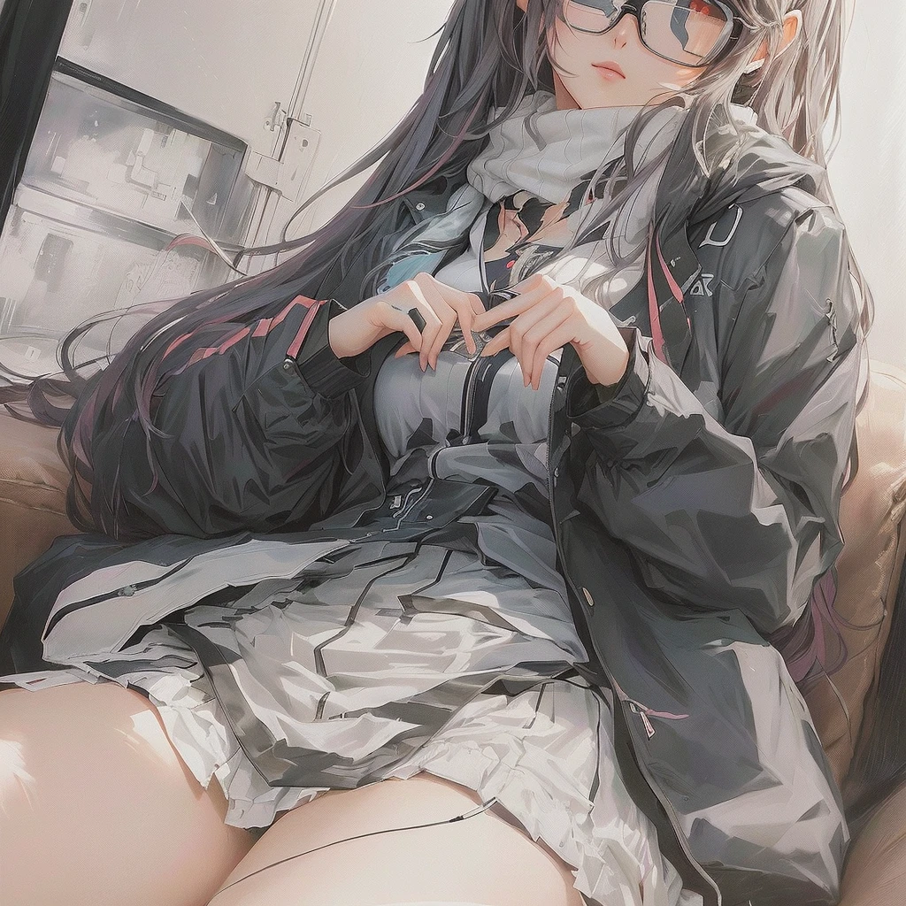 Anime Girls with glasses and a black jacket sitting on a couch, Zero-chan art, Zero-chan, by Shimo, Soft anime illustration, (Anime Girls), at Pixiv, by Kamaguruka, By Ren, Pixiv, Gwaiz, Gwaiz on Pixiv artstation, Ilya Kuvshinov with long hair