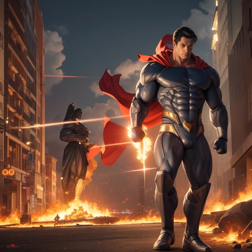 Image of muscular DC COMICS Superman, human body, human anatomy, holding a big dumbbell with his right hand, left hand closed, costume identical to that of DC COMICS, with cyborg details, showing full body, perfect face, perfect boots, laser beams coming out from your eyes, highly detailed, super definition, 8k, showing the statue of Christ the Redeemer in the city of Rio de January in flames. Cinematic image.