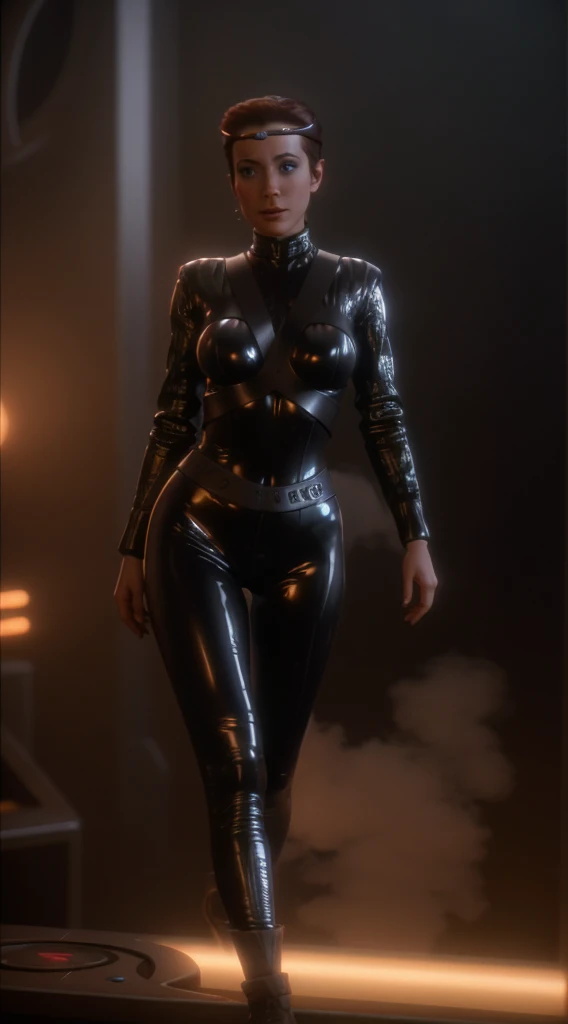 kiranerys, mirrakira , shiny bodysuit, headband, (fog:1.4), hand on hip, smug, seductive, latex pants, science fiction, (red side light), cinematic still of a stunning woman, detailed, sharp focus, dramatic, award winning, octane render, unreal engine, volumetrics dtx, )