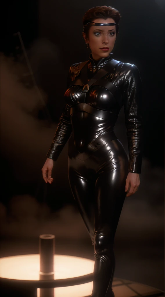 kiranerys, mirrakira , shiny bodysuit, headband, (fog:1.4), hand on hip, smug, seductive, latex pants, science fiction, (red side light), cinematic still of a stunning woman, detailed, sharp focus, dramatic, award winning, octane render, unreal engine, volumetrics dtx, )