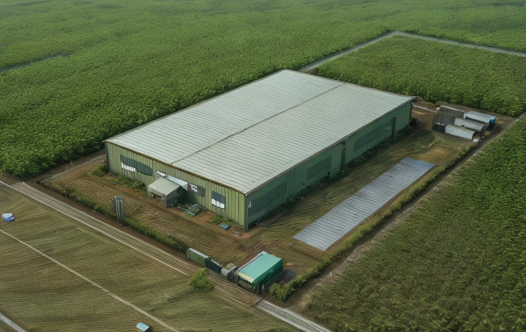 (ultra high res,photorealistic,best quality,photo-realistic),(8k,raw photo,best quality,masterplece),warehouse,day,door,fence,field,grass,no_humans, outdoors, road