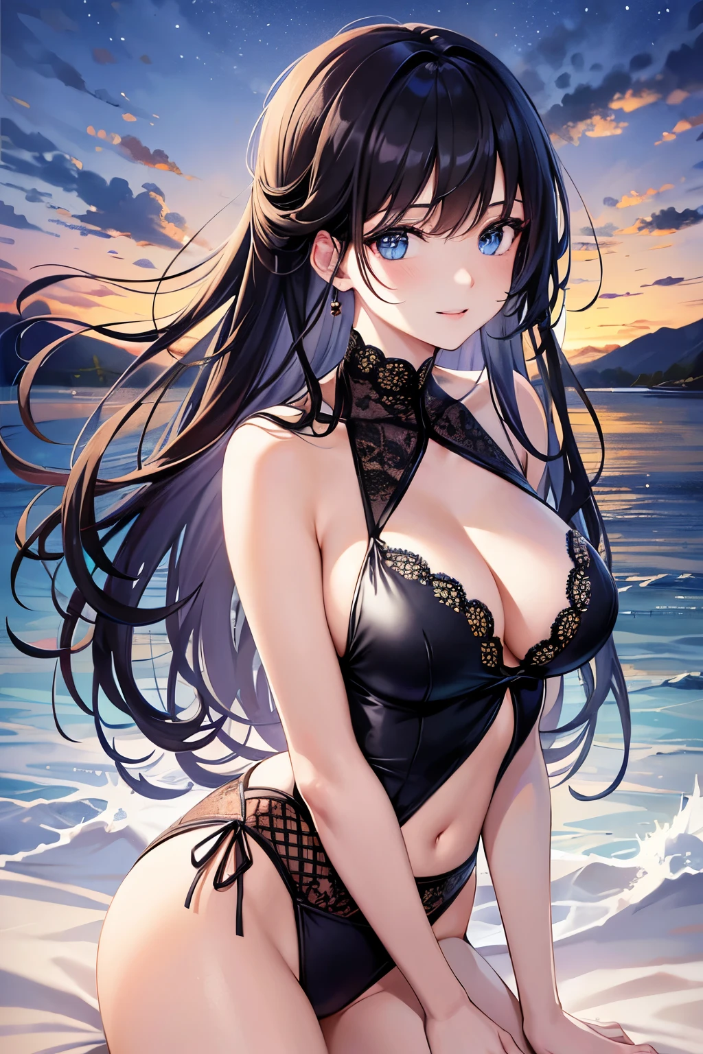 masterpiece、Highest quality、High resolution、High-quality images、8K, 1 female、Skin Radiance、Texture of skin and clothing、Expression of fine eyes、Shiny black hair,Long Hair Girl, Manga inspired by Lee Jong-suk, Trending on deviantart, realism, detailed manga style, Manga art style, Perfect Line Drawing, Beautiful line art, digital manga art girl, K-POPアイドル, dress, Beautiful Blue Eyes, Fuller lips, Gorgeous face with attention to detail, (Cute Smile), charm, Innocent, Side view, (Perfectly detailed face), (Beautiful Hands) Photorealistic images, Written boundary depth, Half-up hairstyle, Warm sunshine,Swimwear,cloud,empty,sunset ,The skin is delicate,