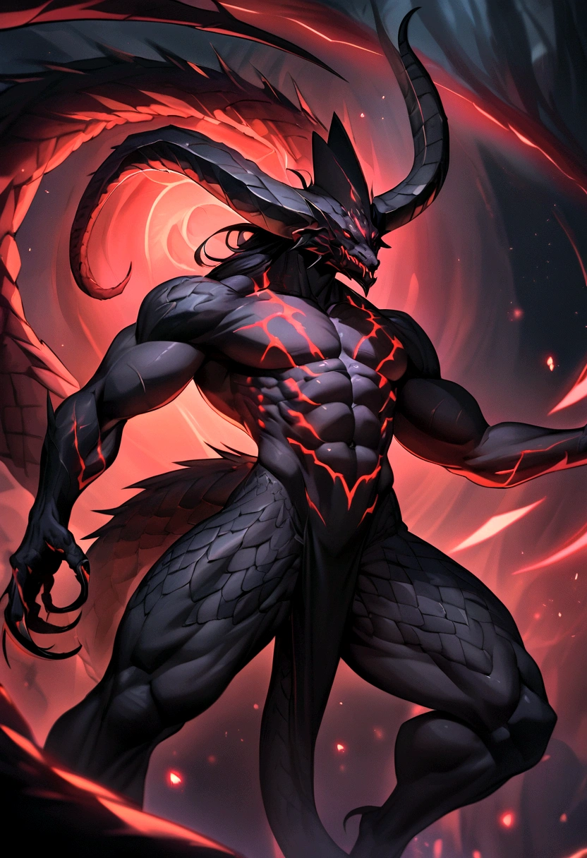 Make a beast with a long dark tail and dark skin, triangular head, long teeth and claws a muscular, agile body, has long horns and red eyes, a dark energy surrounds your entire body, make him look more like a monster than a human, she has scales on her body, your face is similar to a dragon