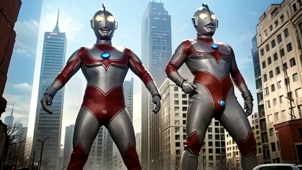 (masterpiece, best quality:1.3),extremely high detailed,intricate,8k,HDR,wallpaper,cowboy shot,(city),ruins,solo,ultraman,no humans,(((giant,towering over skyscrapers))),(latex bodysuit),bracelet,standing,art shift,((POV shot)),holding viewer,((massive bulge,dick bulge))