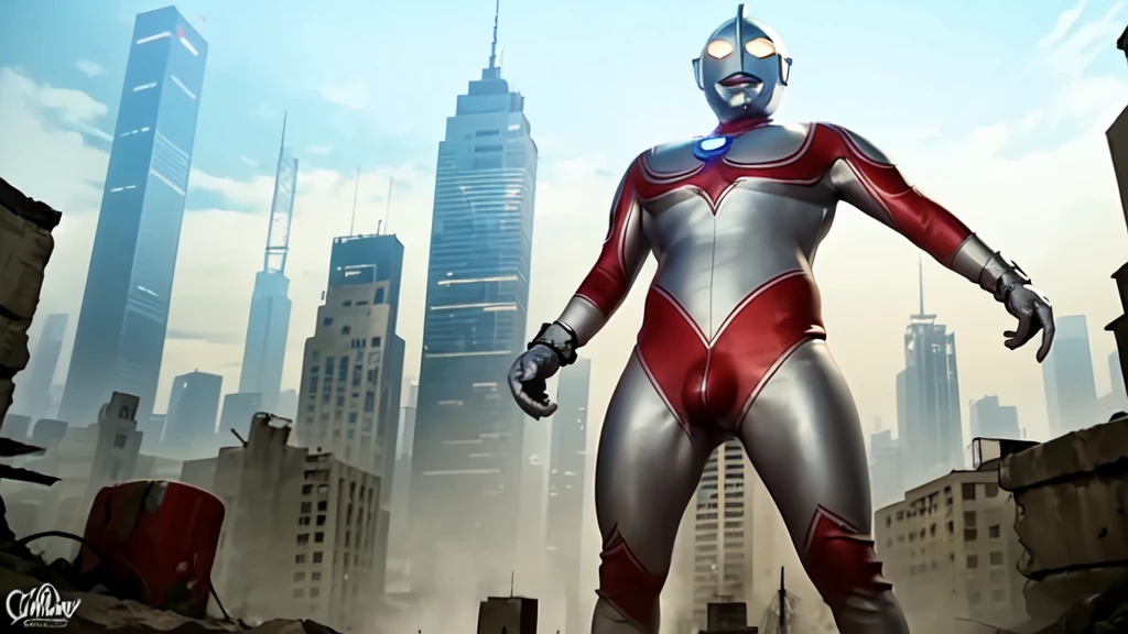 (masterpiece, best quality:1.3),extremely high detailed,intricate,8k,HDR,wallpaper,cowboy shot,(city),ruins,solo,ultraman,no humans,(((giant,towering over skyscrapers))),(latex bodysuit),bracelet,standing,art shift,((POV shot)),holding viewer,((massive bulge,dick bulge))