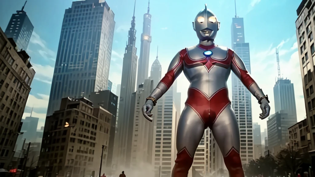 (masterpiece, best quality:1.3),extremely high detailed,intricate,8k,HDR,wallpaper,cowboy shot,(city),ruins,solo,ultraman,no humans,(((giant,towering over skyscrapers))),(latex bodysuit),bracelet,standing,art shift,((POV shot)),holding viewer,((massive bulge,dick bulge))