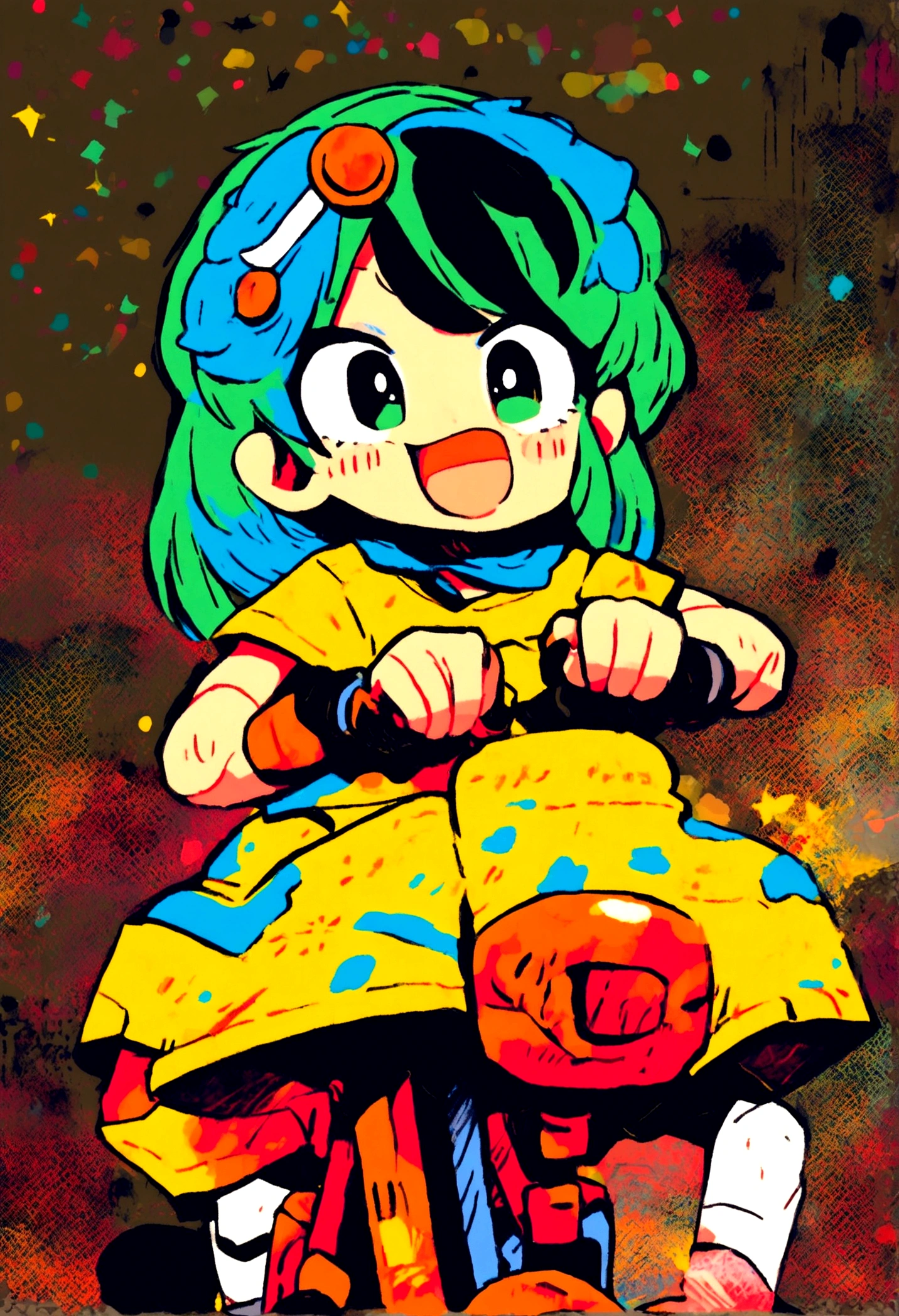 (lum:1.5), (solo:1.3), 1girl, tiny horns, riding a sci-fi motorcycle, smile, motor vehicle, skirt, riding, (score_9, score_8_up, score_7_up), masterpiece, best quality, absurdres, unity, 8k, wallpaper, hi res, highly detailed face, highly detailed eyes, blue eyes, perfect anatomy, super detailed skin, outdoors, beach, seaside, beautiful landscape, island, 1980s style, anime style, (full body), (dynamic angle, dynamic pose:1.3), yellow summer dress, off shoulder, indoors, living room, pov, full lips, depth of field, blurry background, foreshortening, female focus, couch, from behind, looking back, POVdoggy, POVsex, from_behind, uncensored, smug laugh, mouth open, blush, hands on another's hips, skirt lift, ass, Possmach, skinny, thin, slim, , skinny legs, flat chested, small butt, young, short stature, young age, aged down, 1980's style, from side, (intricate details:1.4),  (two-tone hair, green hair, black hair:1.1), floating hair, groin, (cowboy shot), looking at viewer, (electrokinetic, electrokinesis, spark effect, electricity:1.3), lightning shooting from hands, epic fantasy scene, dark ominous clouds, dramatic lighting, detailed facial features, high quality, cinematic composition, dramatic atmosphere, digital art, concept art, 8k, ultra-detailed, professional rendering, dramatic color palette, dynamic pose, cute doodle,