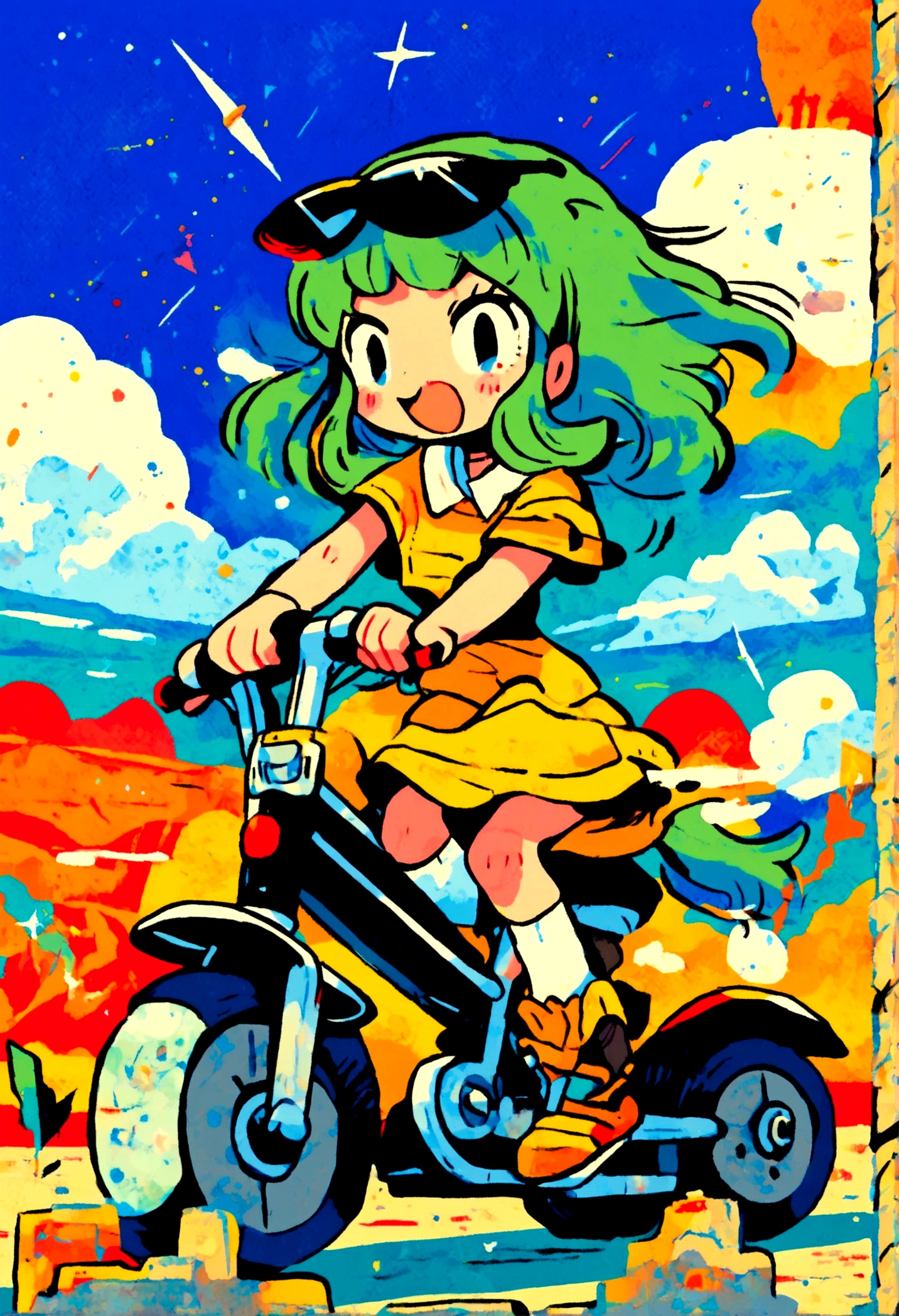 (lum:1.5), (solo:1.3), 1girl, tiny horns, riding a sci-fi motorcycle, smile, motor vehicle, skirt, riding, (score_9, score_8_up, score_7_up), masterpiece, best quality, absurdres, unity, 8k, wallpaper, hi res, highly detailed face, highly detailed eyes, blue eyes, perfect anatomy, super detailed skin, outdoors, beach, seaside, beautiful landscape, island, 1980s style, anime style, (full body), (dynamic angle, dynamic pose:1.3), yellow summer dress, off shoulder, indoors, living room, pov, full lips, depth of field, blurry background, foreshortening, female focus, couch, from behind, looking back, POVdoggy, POVsex, from_behind, uncensored, smug laugh, mouth open, blush, hands on another's hips, skirt lift, ass, Possmach, skinny, thin, slim, , skinny legs, flat chested, small butt, young, short stature, young age, aged down, 1980's style, from side, (intricate details:1.4), (two-tone hair, green hair, black hair:1.1), floating hair, groin, (cowboy shot), looking at viewer, (electrokinetic, electrokinesis, spark effect, electricity:1.3), lightning shooting from hands, epic fantasy scene, dark ominous clouds, dramatic lighting, detailed facial features, high quality, cinematic composition, dramatic atmosphere, digital art, concept art, 8k, ultra-detailed, professional rendering, dramatic color palette, dynamic pose, cute doodle,