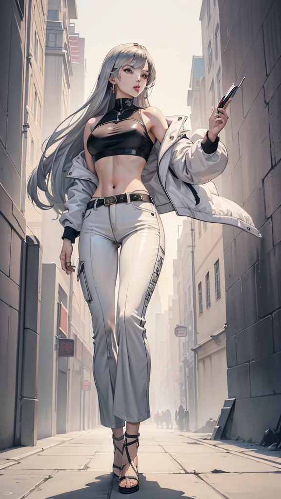 Best quality, Masterpiece, Portrait, Perfect anatomy, Flawless, 1womanl, Solo, Sexy, Stylish, mature, Silver pants, croptop, Jacket, Long hair, Feminine, Cool, queen, Correct female anatomy, full body