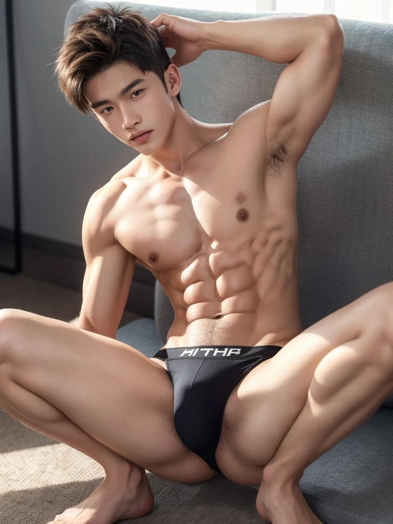 Handsome guy around 18 years old, wearing thongs, He has eight-pack abs, lifted arms, spread legs