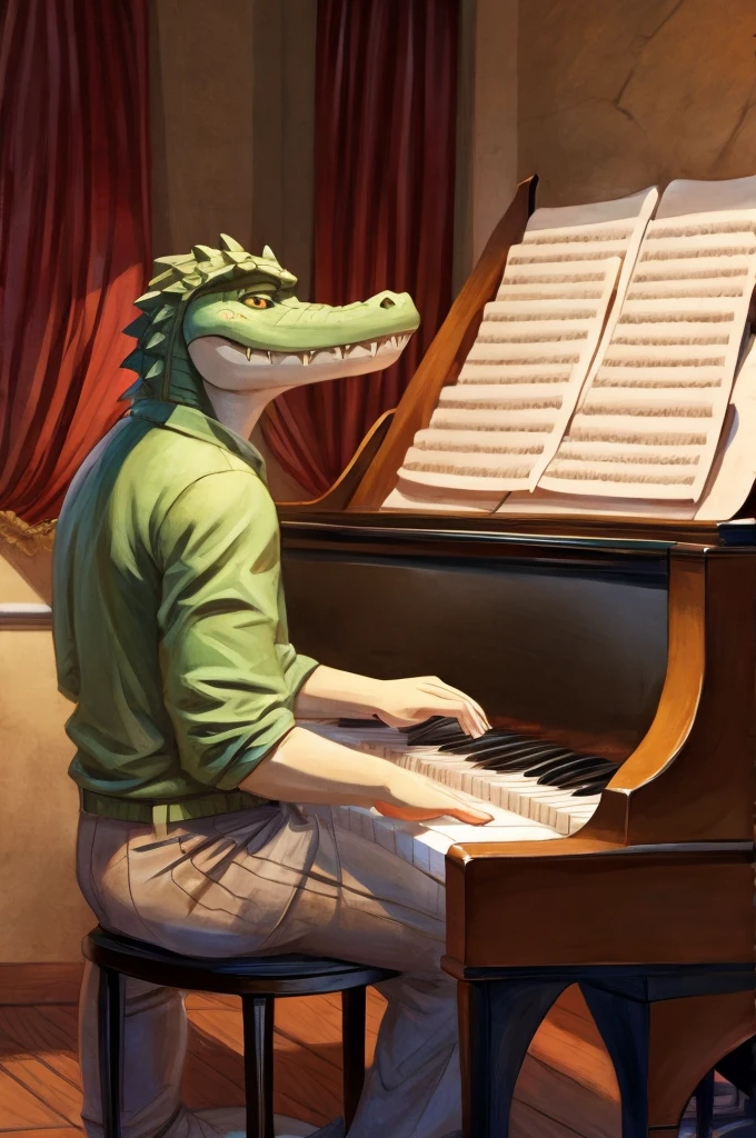 Crocodile boy playing piano