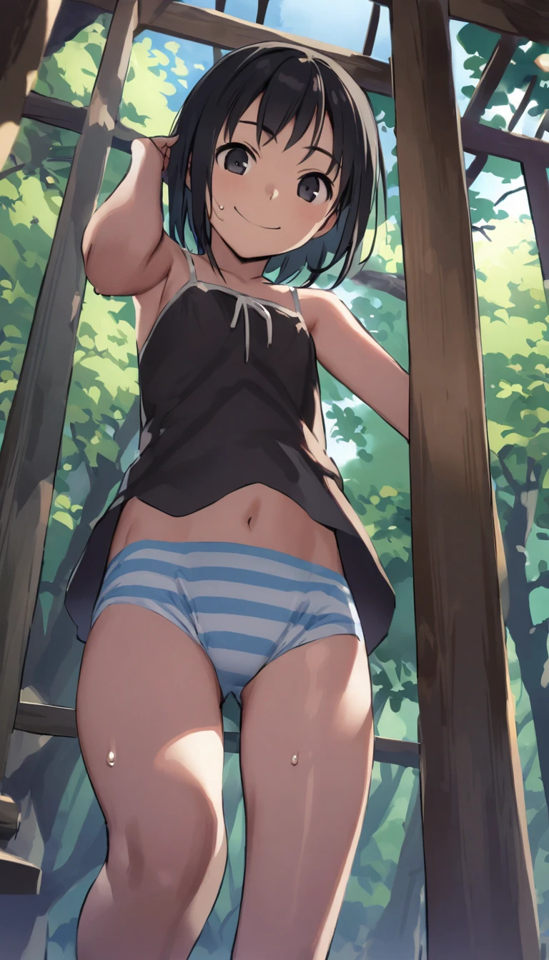 Highest quality、masterpiece、beautiful、detailed、Year: 12、Elementary school girl with black hair、In the forest with a shrine、Dynamic pose、Angle from below、smile、Slim figure、(Clothes that stick to your skin due to sweat:1)、covered erectile nipples、camisole、Striped underwear、Undressing、puss line