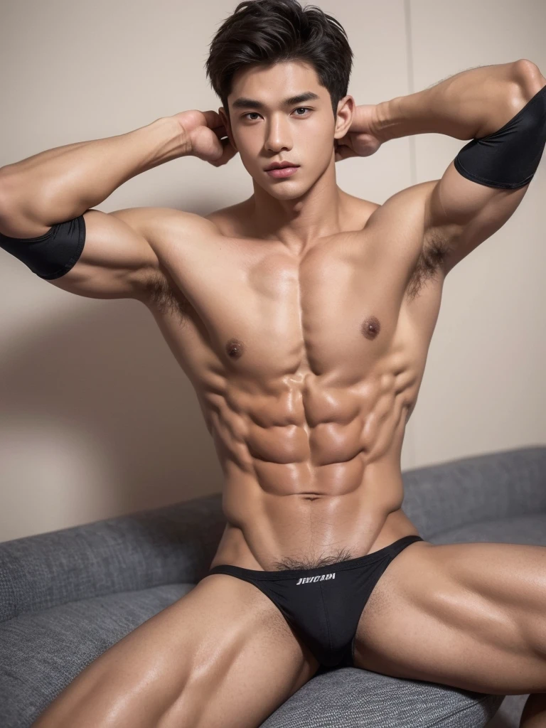 Handsome guy around 18 years old, wearing thongs, He has eight-pack abs, lifted arms, spread legs