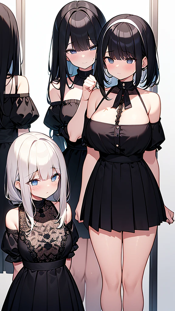 ((masterpiece)), (Highest quality、32k), (Simple style), (Faceless,Face peeling), 2 Girls, The maid and the lady whose face was torn off, Big Breasts, Big Swing Chest, Wearing a face stolen from someone else, Sexy body, Sleeveless, No sleeve, Off the shoulder, Black Dress, Pleated lace, Lace dress, black knee socks. Standing, whole body, both hands touch the face, Luxurious Room, {{The maid who can steal someone's face by putting a mask on them took the young lady's face as a mask, The young lady is faceless}}, Browsing Caution, NSFW