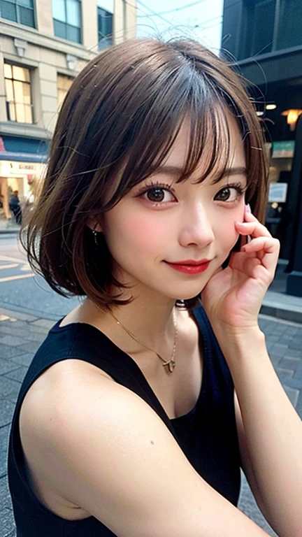 (8K, RAW Photos:1.2),Detailed face and eyes,最high quality, Ultra-high resolution, Very detailed ,Intricate details ,Tabletop ,pretty girl , Soft cinematic light, Hyper Detail,Sharp focus, high quality,Blonde, Bobcut,Bob Hair, outside, High Kick peace sign