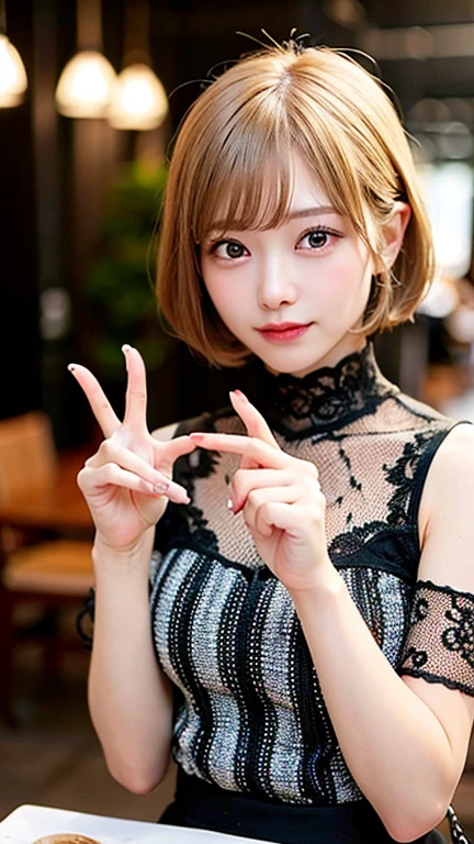 (8K, RAW Photos:1.2),Detailed face and eyes,最high quality, Ultra-high resolution, Very detailed ,Intricate details ,Tabletop ,pretty girl , Soft cinematic light, Hyper Detail,Sharp focus, high quality,Blonde, Bobcut,Bob Hair,  outside, High Kick　peace sign