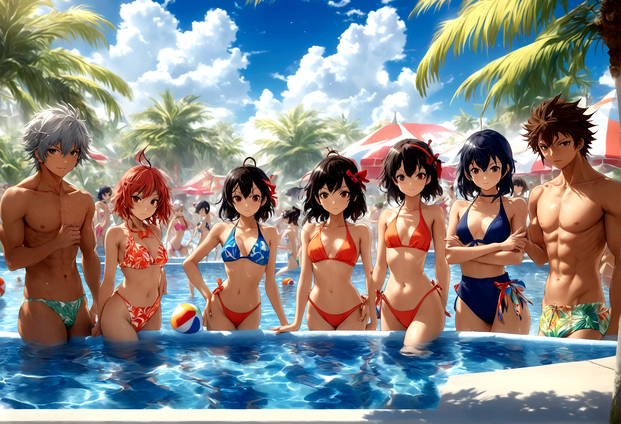 A group of anime characters in swimsuits relaxing at a pool party, highly detailed, beautiful scenery, vivid colors, photorealistic, 8K, masterpiece, (best quality,4k,8k,highres,masterpiece:1.2),ultra-detailed,(realistic,photorealistic,photo-realistic:1.37),characters from Kill la Kill, Ryuko Matoi, Satsuki Kiryuin, Mako Mankanshoku, Nonon Jakuzure, Ira Gamagoori, Uzu Sanageyama, Houka Inumuta, Ragyō Kiryūin, colorful swimsuits designed after character's iconic costumes, beautiful detailed eyes, beautiful detailed lips, extremely detailed eyes and face, long eyelashes, detailed facial features, dynamic poses, background with sunny sky, palm trees, pool with crystal clear water, reflections in water, steam rising from water, splashing water, steam, high quality lighting, cinematic composition