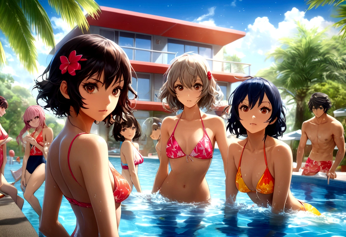A group of anime characters in swimsuits relaxing at a pool party, highly detailed, beautiful scenery, vivid colors, photorealistic, 8K, masterpiece, (best quality,4k,8k,highres,masterpiece:1.2),ultra-detailed,(realistic,photorealistic,photo-realistic:1.37),characters from Kill la Kill, Ryuko Matoi, Satsuki Kiryuin, Mako Mankanshoku, Nonon Jakuzure, Ira Gamagoori, Uzu Sanageyama, Houka Inumuta, Ragyō Kiryūin, colorful swimsuits designed after character's iconic costumes, beautiful detailed eyes, beautiful detailed lips, extremely detailed eyes and face, long eyelashes, detailed facial features, dynamic poses, background with sunny sky, palm trees, pool with crystal clear water, reflections in water, steam rising from water, splashing water, steam, high quality lighting, cinematic composition