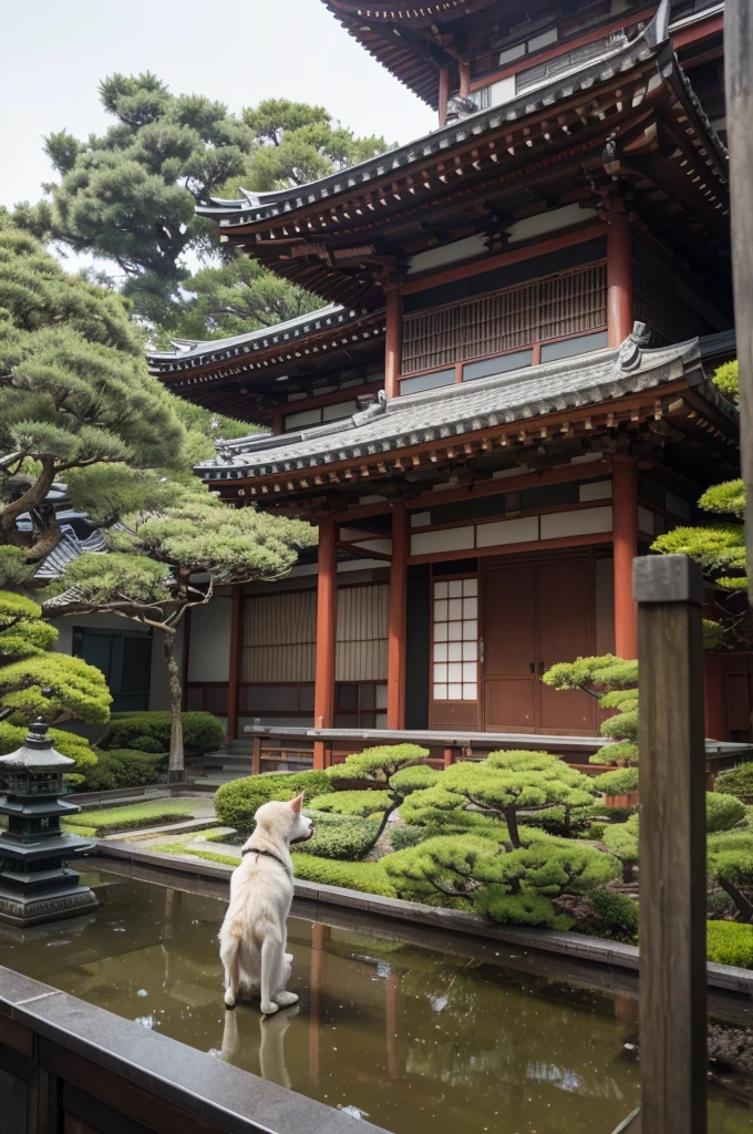 a dog standing on a windowsill in front of a building,cyberpunk japanese temple,overgrown secret temple inspired by Ryōhei Koiso,intricate details in the environment,inspired by Sōami,inspired by Enshin Kawara,environmental painting,inspired by Kana Hohokam,ancient trees environment