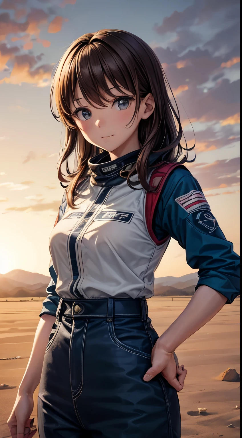 赤いレーシングスーツを着た女性レーサーが赤いRallyカーの前に立つ wrc Mature Woman 50 talents Brown hair with bangs Paris-Dakar Paris-DakarールRally desert Rally Standing with arms crossed Portraiture ポートレート Rallyカー Gravel