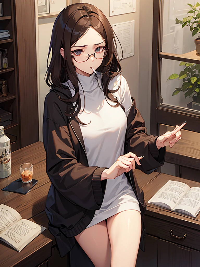 Heavy smoker woman、Brown Hair、Hair length is medium、Center Parting、Glasses、Digital Illustrator、Please let me smoke a cigarette.、Loungewear、Jersey and hoodie、gopnik、drunkard