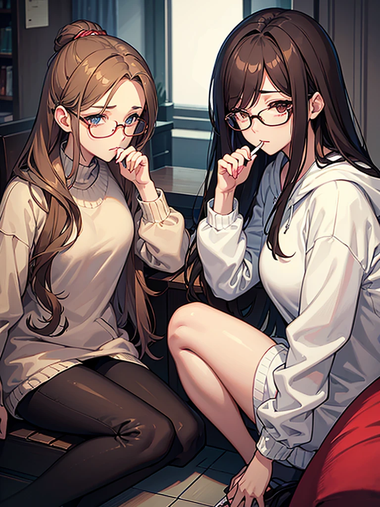 Heavy smoker woman、Brown Hair、Hair length is medium、Center Parting、Glasses、Digital Illustrator、Please let me smoke a cigarette.、Loungewear、Jersey and hoodie、gopnik、drunkard