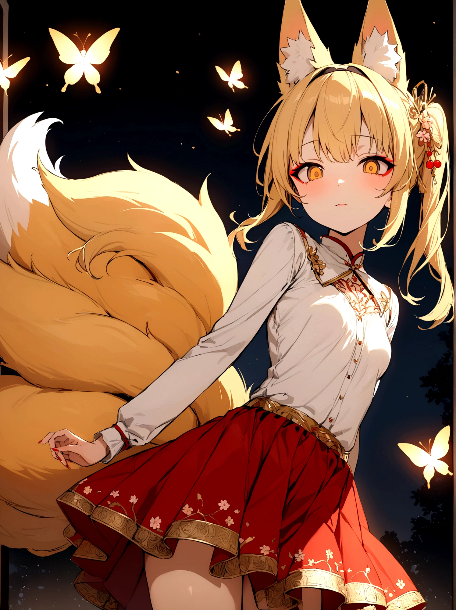 (masterpiece, best quality) junior,detailed, (beautiful,small breasts), blonde,long hair, side ponytail(tied to the right),Hair band decoration with gold butterfly, elegant, (fox ears),nine tailed fox tail, red eyeshadow, golden eyes, femur，white shirt,free,red skirt,cherry blossom tree lake background,girl,NIGHT,yandere face