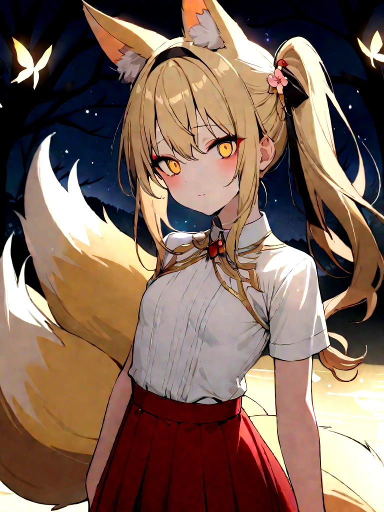 (masterpiece, best quality) junior,detailed, (beautiful,small breasts), blonde,long hair, side ponytail(tied to the right),Hair band decoration with gold butterfly, elegant, (fox ears),nine tailed fox tail, red eyeshadow, golden eyes, femur，white shirt,free,red skirt,cherry blossom tree lake background,girl,NIGHT,yandere face