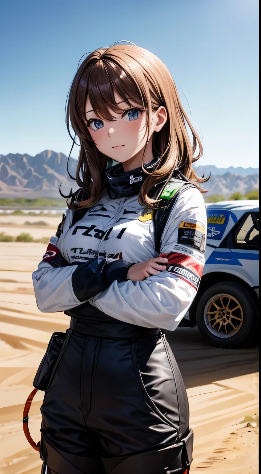 赤いレーシングスーツを着た女性レーサーが赤いRallyカーの前に立つ wrc Mature Woman 50 talents Brown hair with bangs Paris-Dakar Paris-DakarールRally desert Rally Standing with arms crossed Portraiture ポートレート Rallyカー Gravel