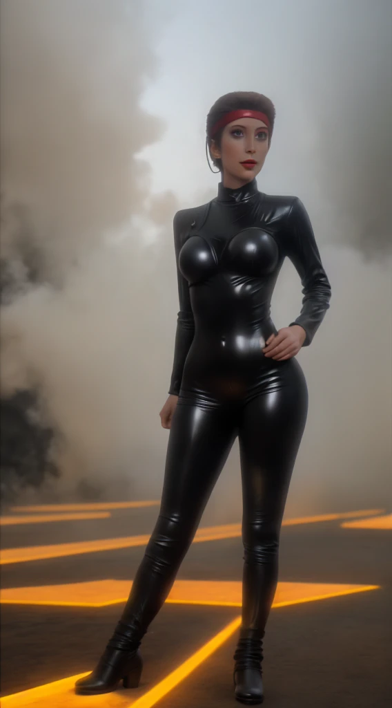 kiranerys, mirrakira , shiny bodysuit, headband, (fog:1.4), hand on hip, smug, seductive, latex pants, science fiction, (red side light), cinematic still of a stunning woman, detailed, sharp focus, dramatic, award winning, octane render, unreal engine, volumetrics dtx, )