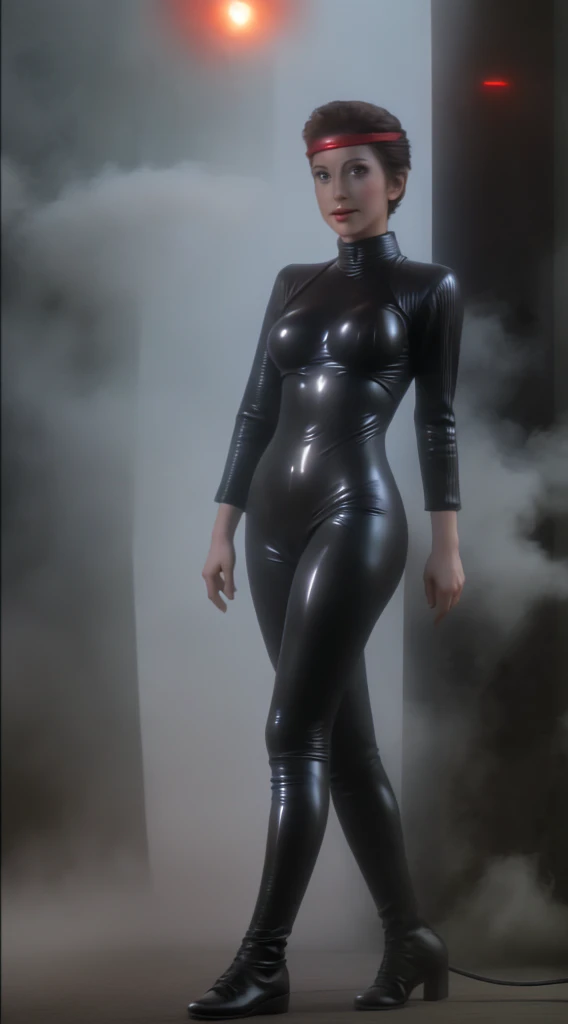 kiranerys, mirrakira , shiny bodysuit, headband, (fog:1.4), hand on hip, smug, seductive, latex pants, science fiction, (red side light), cinematic still of a stunning woman, detailed, sharp focus, dramatic, award winning, octane render, unreal engine, volumetrics dtx, )