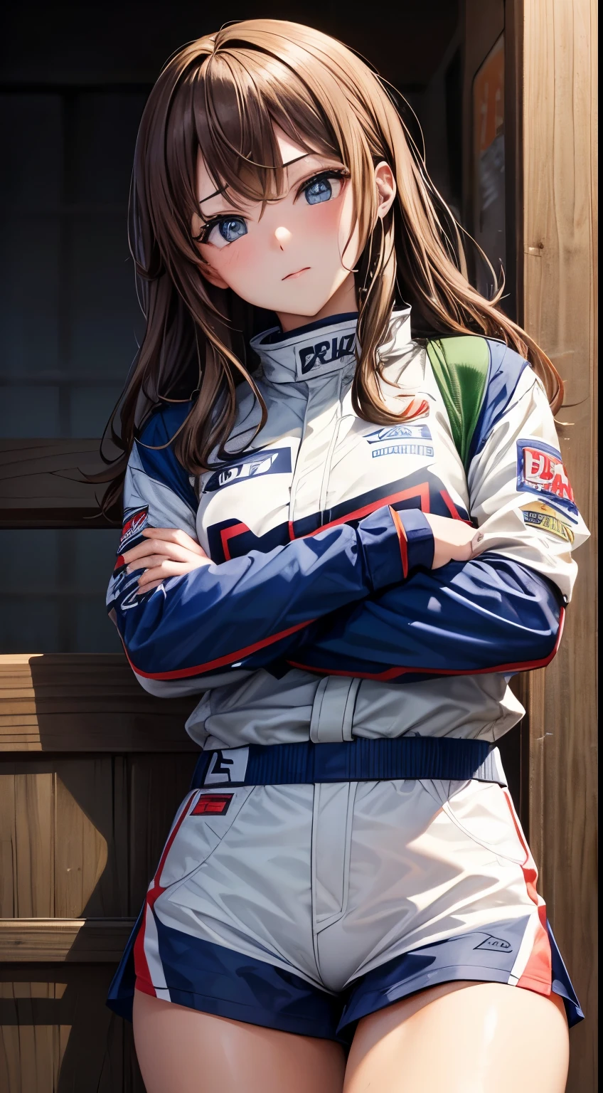 赤いレーシングスーツを着た女性レーサーが赤いRallyカーの前に立つ wrc Brown hair with bangs Paris-Dakar Paris-DakarールRally desert Rally Standing with arms crossed Portraiture ポートレート Rallyカー Gravel