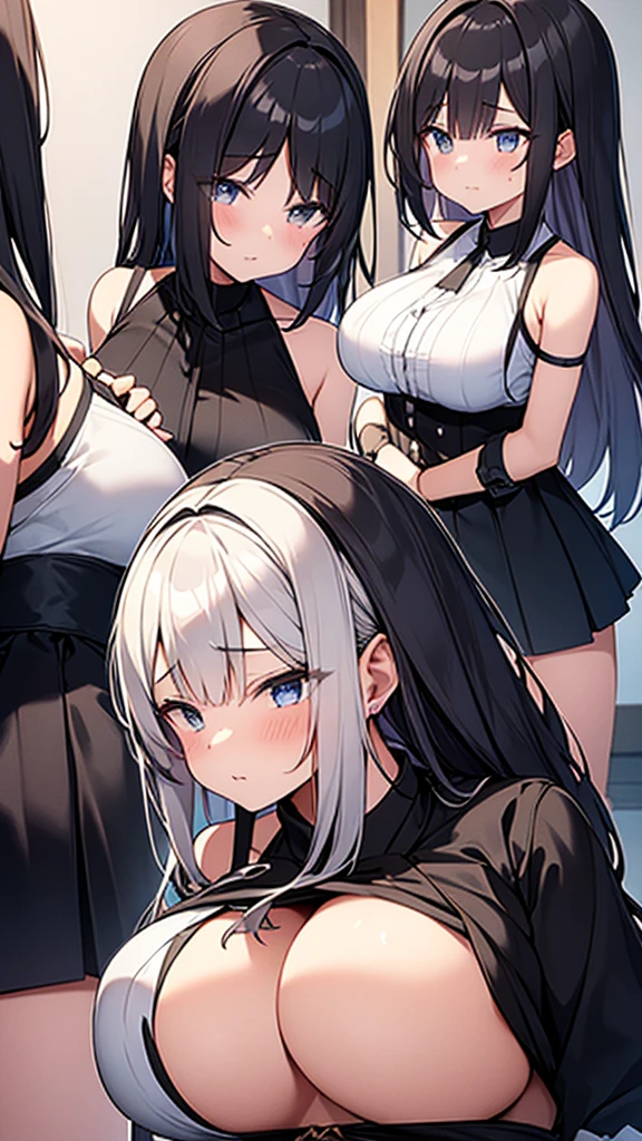((masterpiece)), (Highest quality、32k), (Simple style), (Faceless,Face peeling), 2 Girls, A maid who uses her face-peeling ability to peel the skin off of a young lady and transplant it onto herself, and a young lady whose face has been peeled off by a maid, Big Breasts, Big Swing Chest, Wearing a face stolen from someone else, Sexy body, Sleeveless, No sleeve, Off the shoulder, Black Dress, Pleated lace, Lace dress, black knee socks. Standing, whole body, both hands touch the face, Luxurious Room, {{A young lady who used her face-peeling ability to peel off the face of a young lady, leaving her face blank, and a maid who transplanted the peeled face onto her own face.}}, Browsing Caution, NSFW