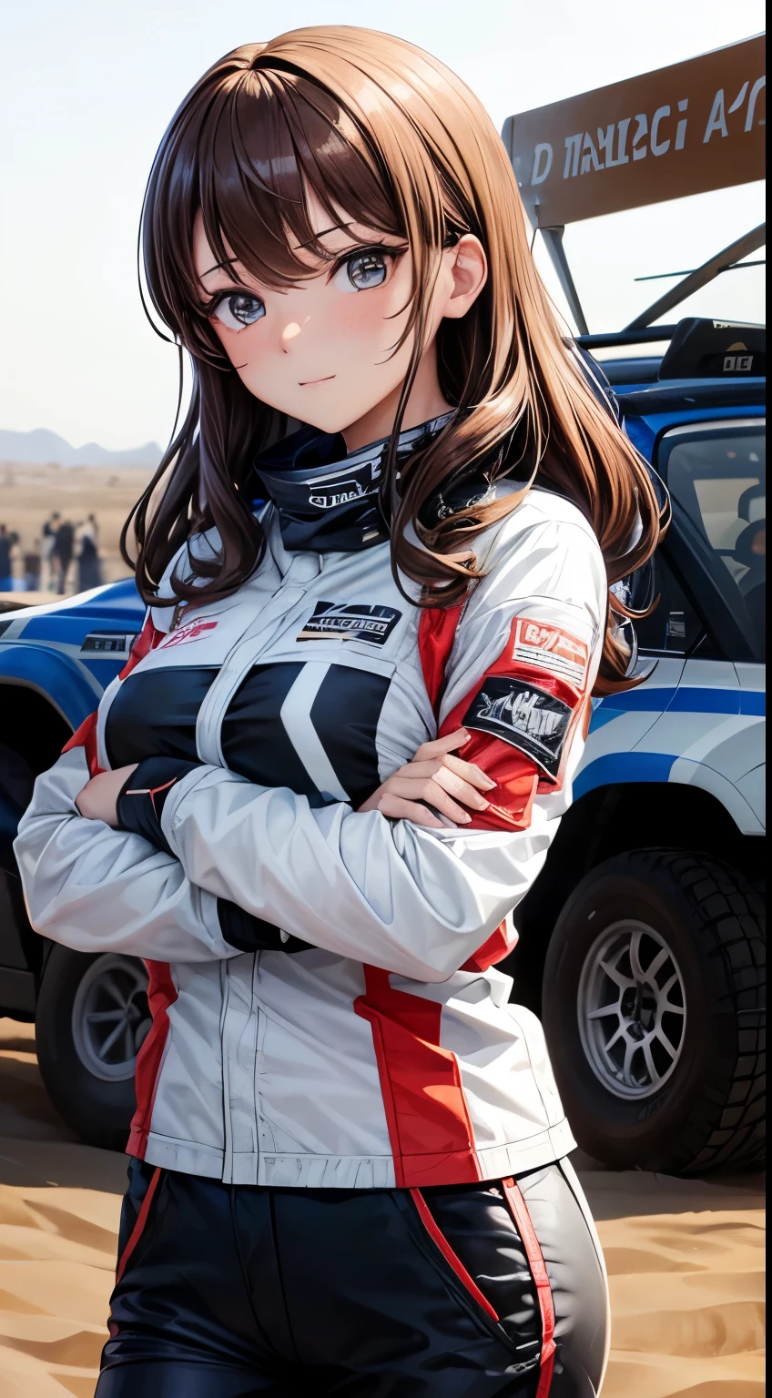 赤いレーシングスーツを着た女性レーサーが赤いRallyカーの前に立つ wrc Brown hair with bangs Paris-Dakar Paris-DakarールRally desert Rally Standing with arms crossed Portraiture Portrait
