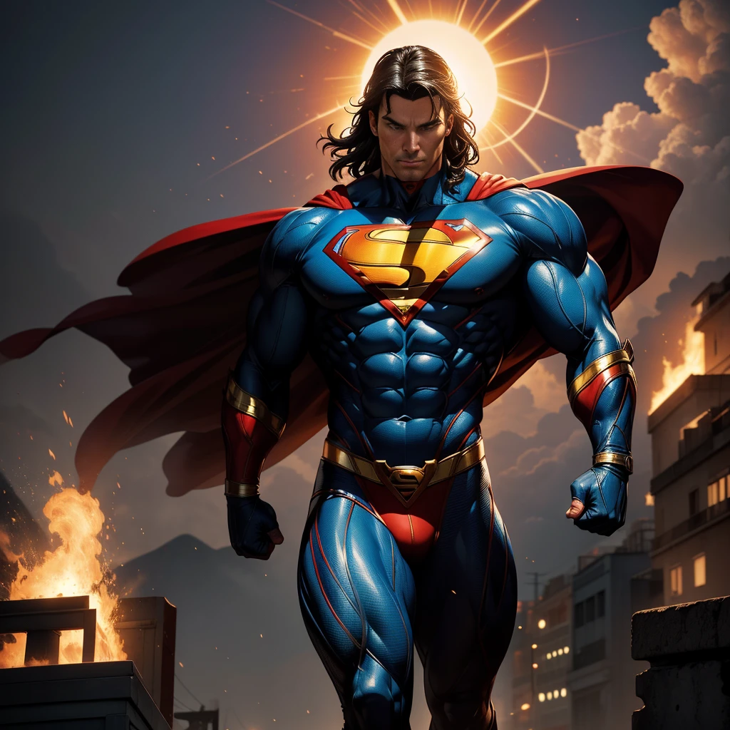 Image of muscular DC COMICS Superman, human body, human anatomy, holding a big dumbbell with his right hand, left hand closed, costume identical to that of DC COMICS, with cyborg details, showing full body, perfect face, perfect boots, laser beams coming out from your eyes, highly detailed, super definition, 8k, showing the statue of Christ the Redeemer in the city of Rio de January in flames. Cinematic image.