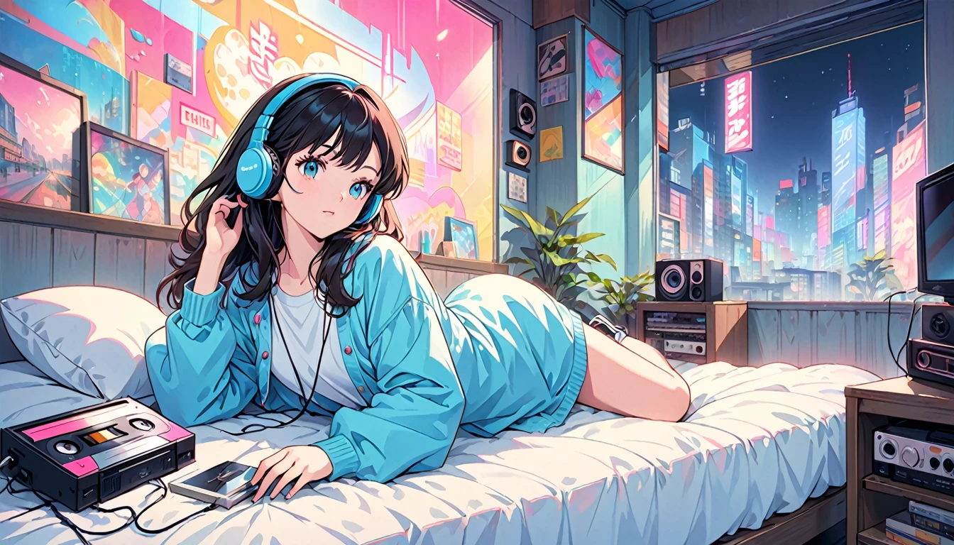 Generate an anime-style image evoking the atmosphere of 1980s city pop culture. Picture a simple scene featuring a girl lying on a bed, wearing headphones, and listening to music. The setting should reflect the urban vibe of the 1980s, with vibrant colors and retro aesthetics. The girl should have a relaxed expression, lost in the music, while the background includes elements like neon lights, cityscape, or cassette tapes, reminiscent of the era. The overall tone should be nostalgic and upbeat, capturing the essence of the city pop era.