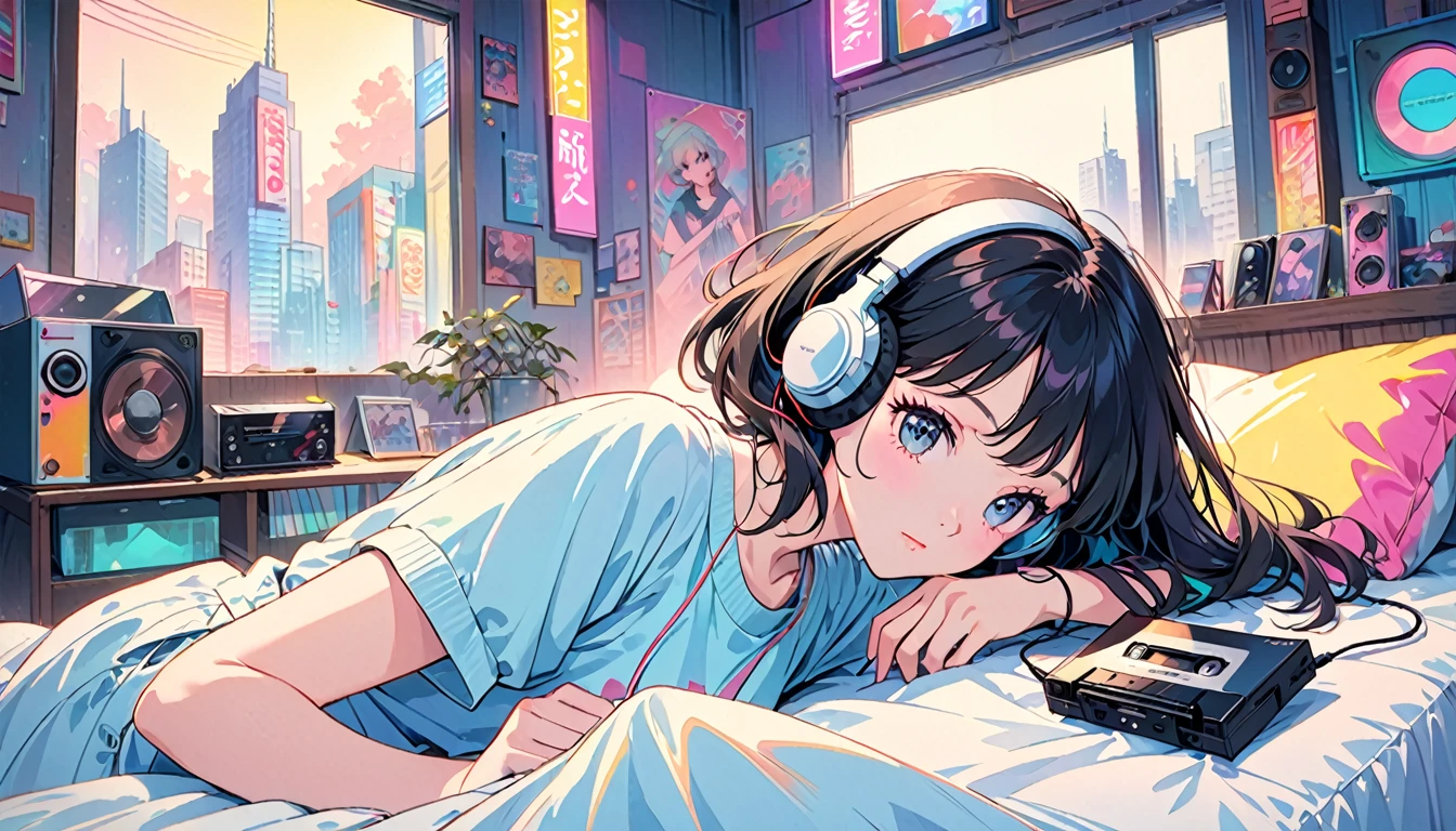 Generate an anime-style image evoking the atmosphere of 1980s city pop culture. Picture a simple scene featuring a girl lying on a bed, wearing headphones, and listening to music. The setting should reflect the urban vibe of the 1980s, with vibrant colors and retro aesthetics. The girl should have a relaxed expression, lost in the music, while the background includes elements like neon lights, cityscape, or cassette tapes, reminiscent of the era. The overall tone should be nostalgic and upbeat, capturing the essence of the city pop era.