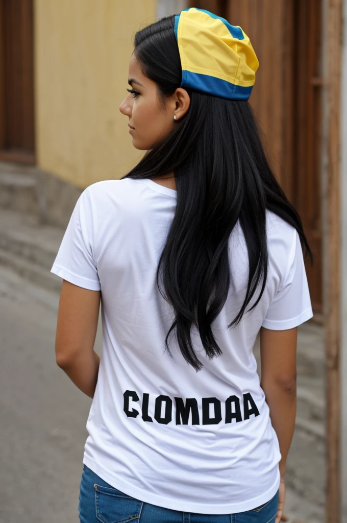 Woman from back watching departed t-shirt Colombia number 10 name they lived short black hair