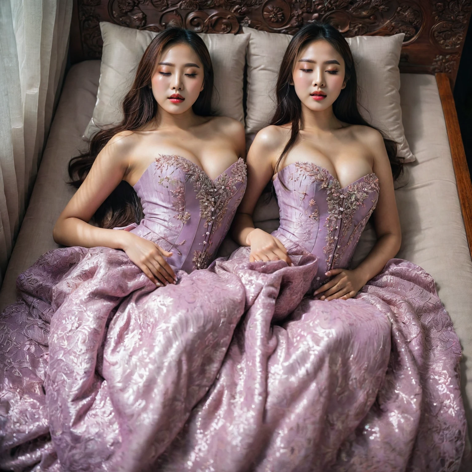 In a striking 8K HDR scene, a stunning Korean woman, 22 years old, lies peacefully in a black coffin surrounded by plush pillows. The deep box is set against a rich black background, accentuating the beauty of the subject. Her exquisite kebaya attire is embroidered with superb detail, showcasing her round and firm breasts, perfect cleavage, and beautiful eyebrows. Her closed eyes and mouth give an air of serenity, while her visible and absolute cleavage leave nothing to imagination. The scene is bathed in saturated colors, highlighting every intricate aspect from the ball skirt to her clean face, straight body, detailed hand perfect hands, straight body.