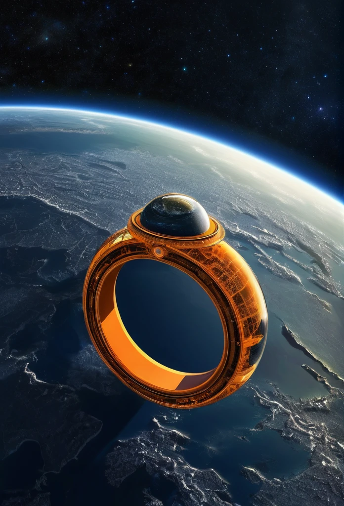 Image of a ring world , big ring world with heavy vegitation inside the ring , orbiting a orange dwarf star , ring world perispective , buildings and vegitation inside surface of the ring world , ring world in the space orbiting like a planet 